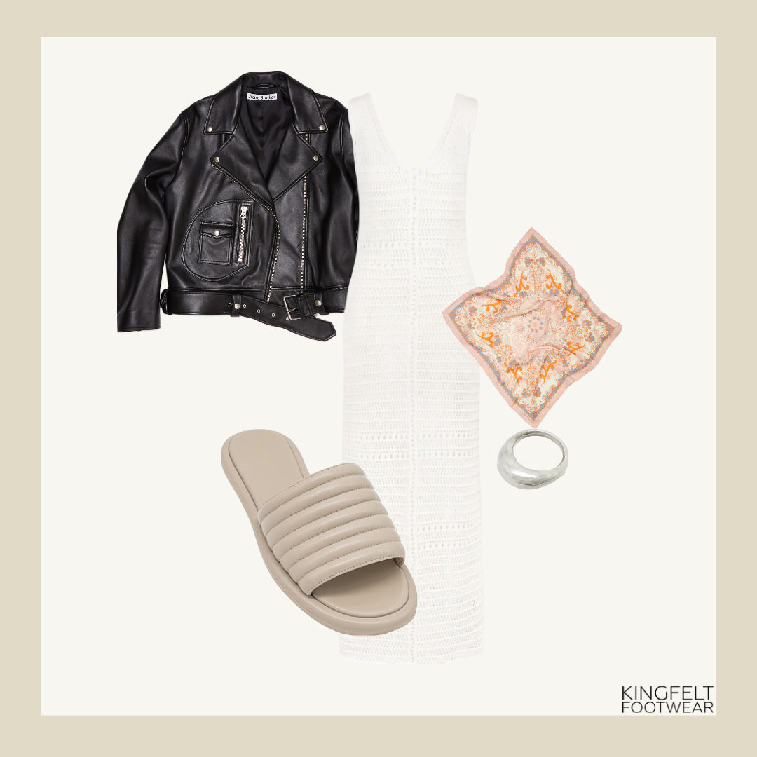 Outfit inspiration för styling av våra skinnsandaler. Svart skinnjacka, vit maxi klänning från Envelope1979, silver ring från Wosstore och en vårig scarf från acne.
