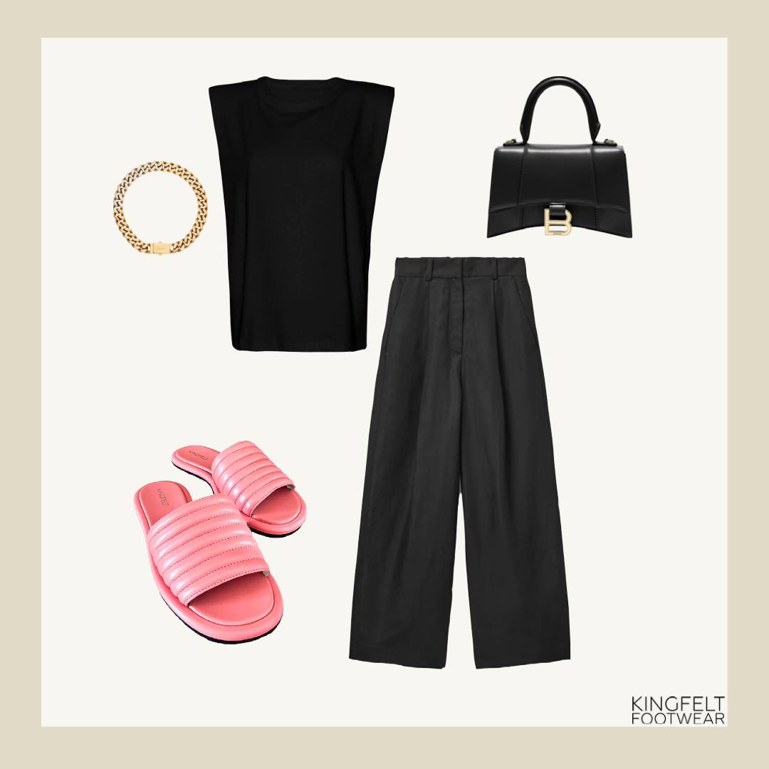 Outfit inspiration moodboard. Korallrosa slip-in sandaler i nappaskinn. Tillverkade i Italien av KINGFELT FOOTWEAR. YSL halsband i guld med en svart t-shirt från Frankie shop. Svart väska från Balenciaga & vida hög i midjan byxor i tencell från Cos.